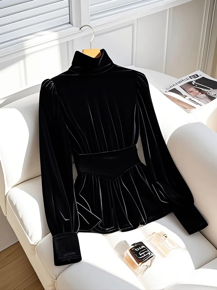 法式独特超好看内搭长袖衬衫2025冬季轻奢高级感黑色加厚丝绒上衣