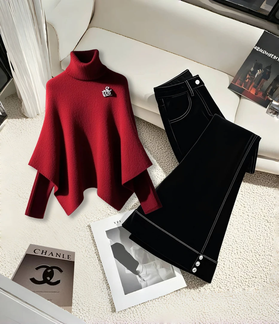 2025秋冬季韩系轻奢高级设计感假两件上衣时尚穿搭直筒微喇裤女装