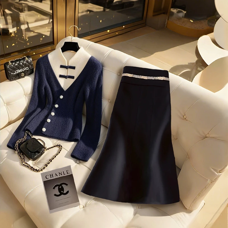 2025冬季新款新中式轻奢百搭针织衫上衣精致气质大码女装半身裙子