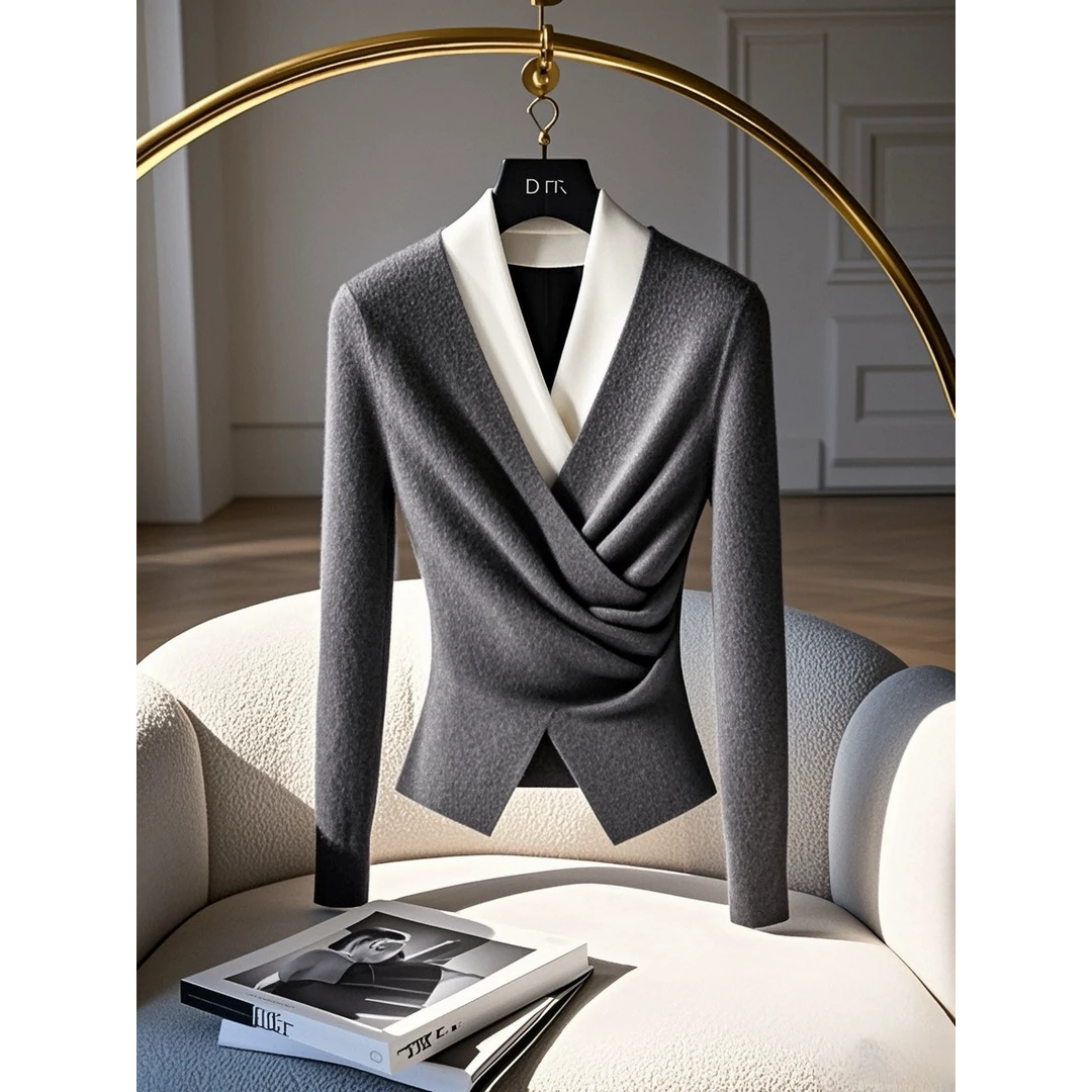 2025冬季韩系轻熟设计感假两件收腰显瘦针织衫高级感超好看上衣女