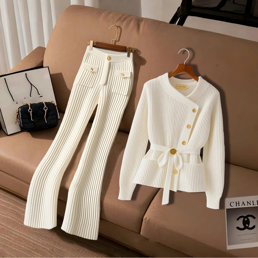 轻熟风别致设计斜扣长袖开衫2024秋冬季女新款时尚百搭直筒微喇裤