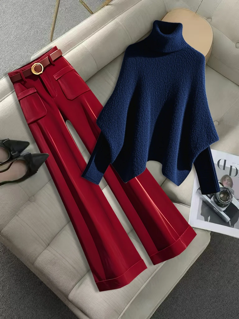 2025秋冬季今年流行爆款高级感超好看气质藏蓝色毛衣休闲裤两件套