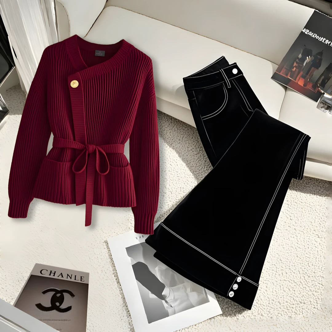 2025秋冬季网红洋气炸街女装安可拉红针织上衣通勤时尚百搭休闲裤