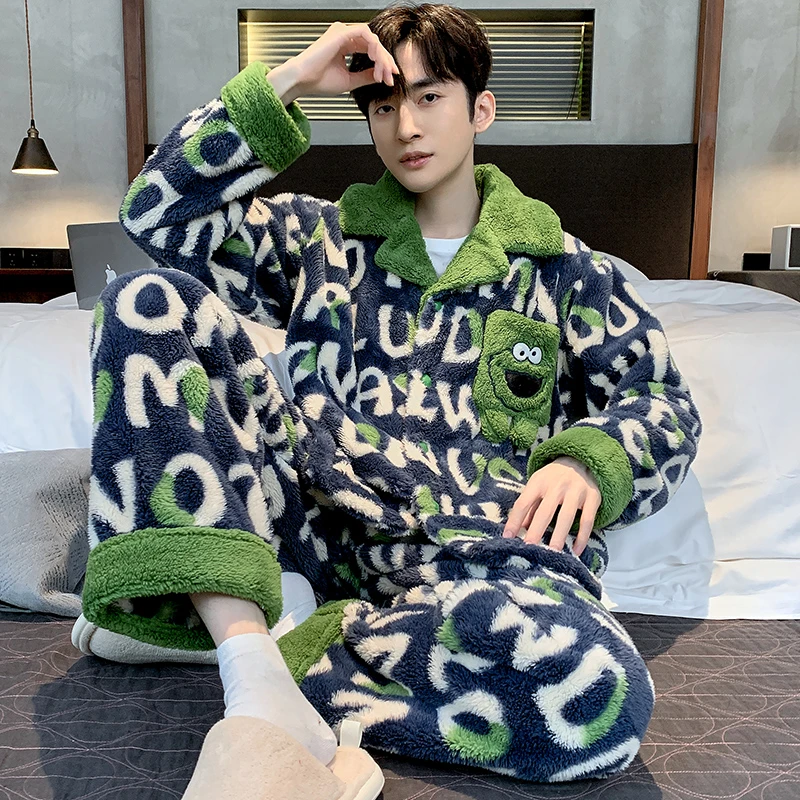 NY卡通时尚珊瑚绒睡衣男秋冬季加绒加厚法兰绒保暖大码家居服套装