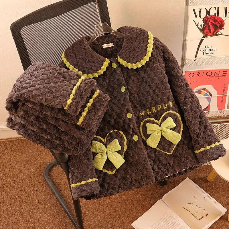 NY甜美风珊瑚绒睡衣女秋冬季加绒加厚三层夹棉袄法兰绒家居服套装