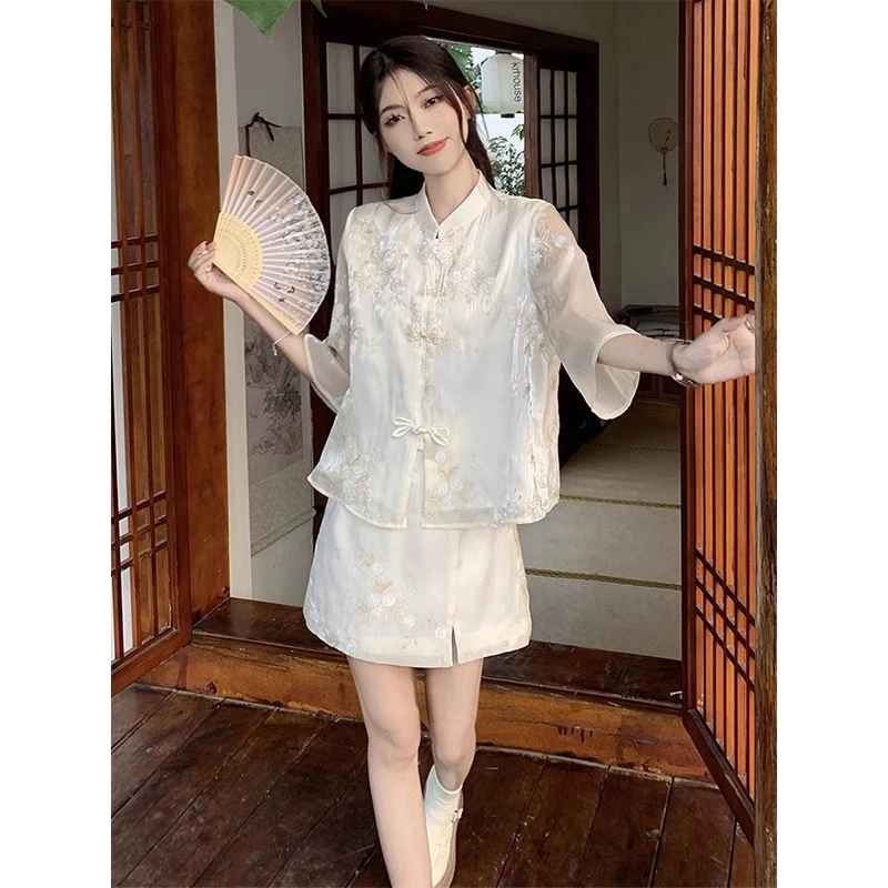 【轻奢甄选】轻奢女装新中式国风套装女夏季刺绣盘扣小众衬衫半身裙