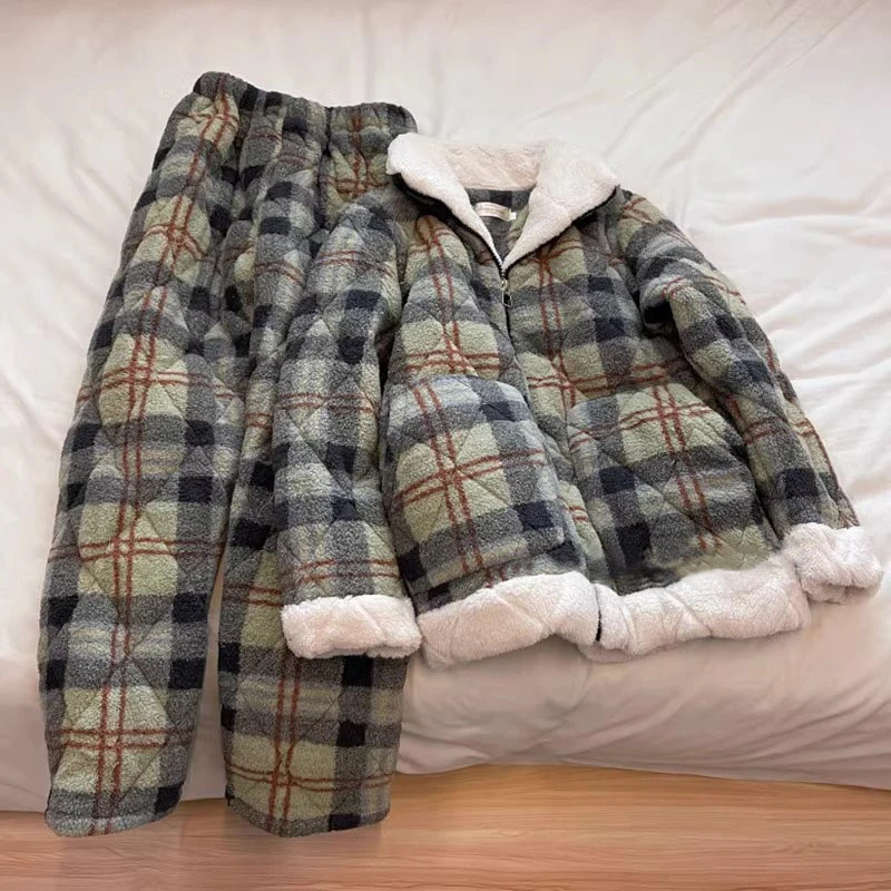 NY时尚珊瑚绒睡衣女秋冬季天三层夹棉加绒加厚大码网红家居服套装