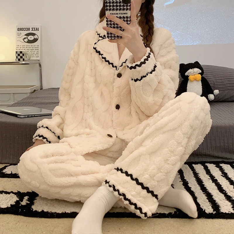 NY珊瑚绒睡衣女秋冬季简约开衫加绒加厚大码法兰绒外穿家居服套装