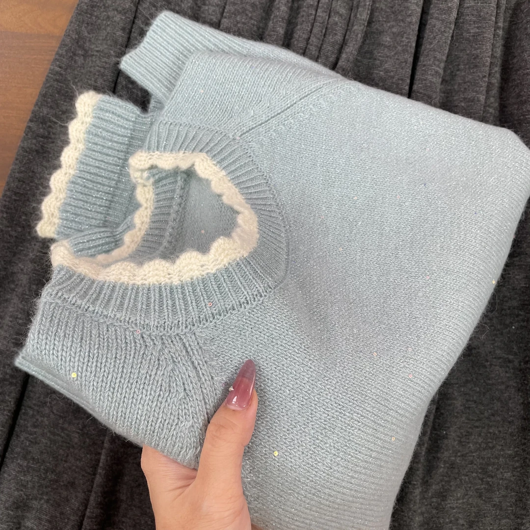 H22 羊毛衫秋冬新款女装长袖针织衫百搭花边圆领毛衣套头上衣内搭