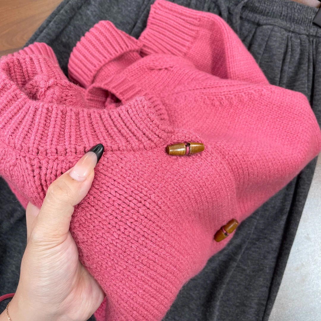 H46 树莓粉韩版针织开衫毛衣外套圆领上衣女装复古秋冬季新款上衣