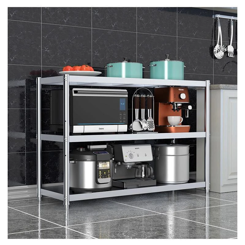 厨房不锈钢置物架3层微波炉收纳架落地储物架货架三层烤箱架台面