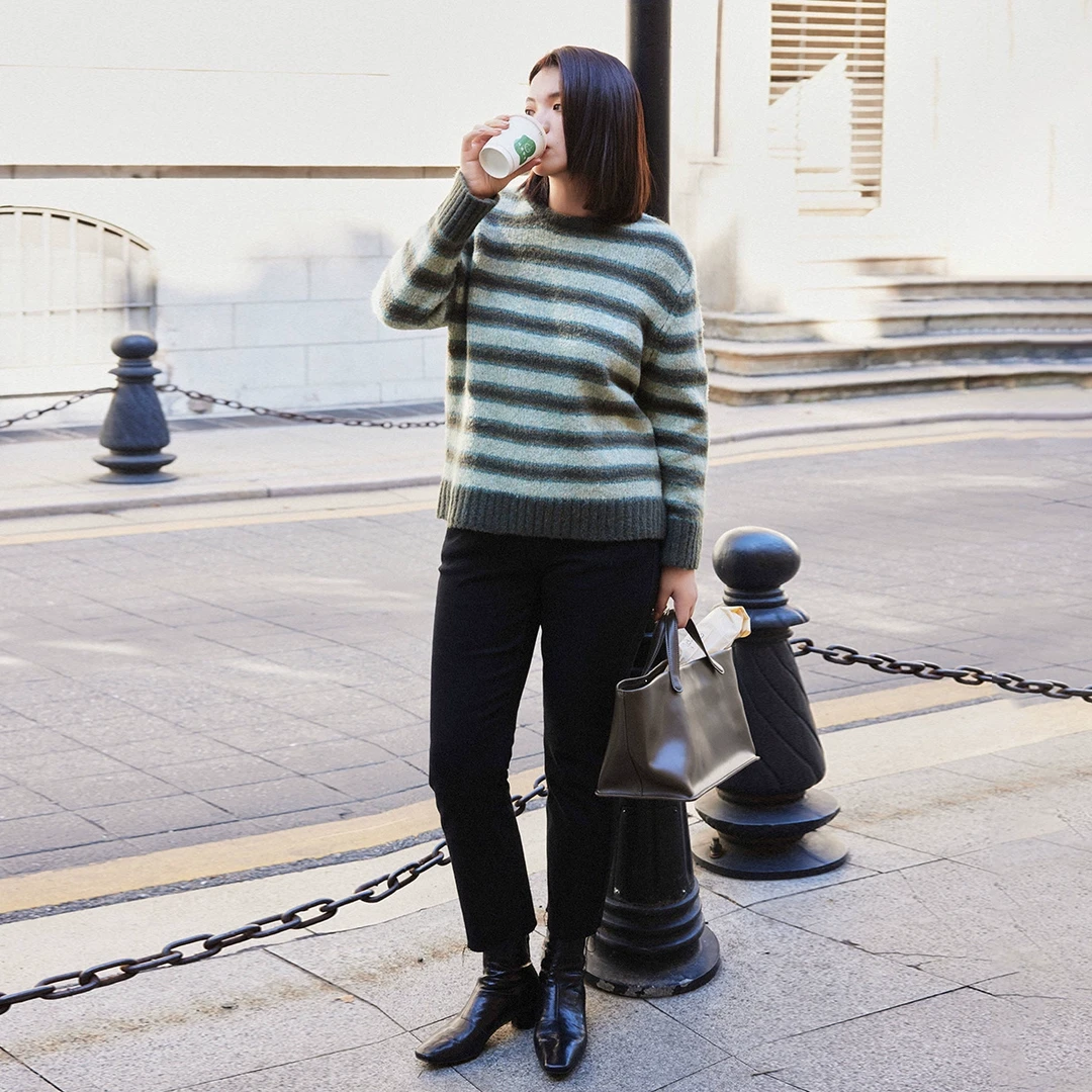 【折扣款】PLUSMALL 海派针织 羊驼磨毛纱撞色条纹毛衣PPPP2411015