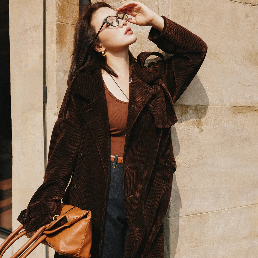 PLUSMALL 香榭落日 高克重坑条灯芯绒长款大翻领单排扣大衣外套