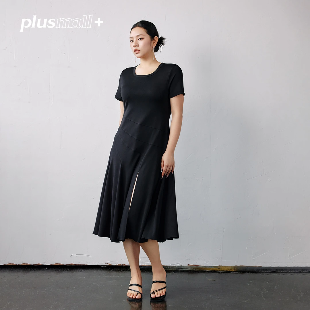 PLUSMALL 珍妮黑巧 夏季新款设计感分割显瘦仿醋酸针织连衣裙