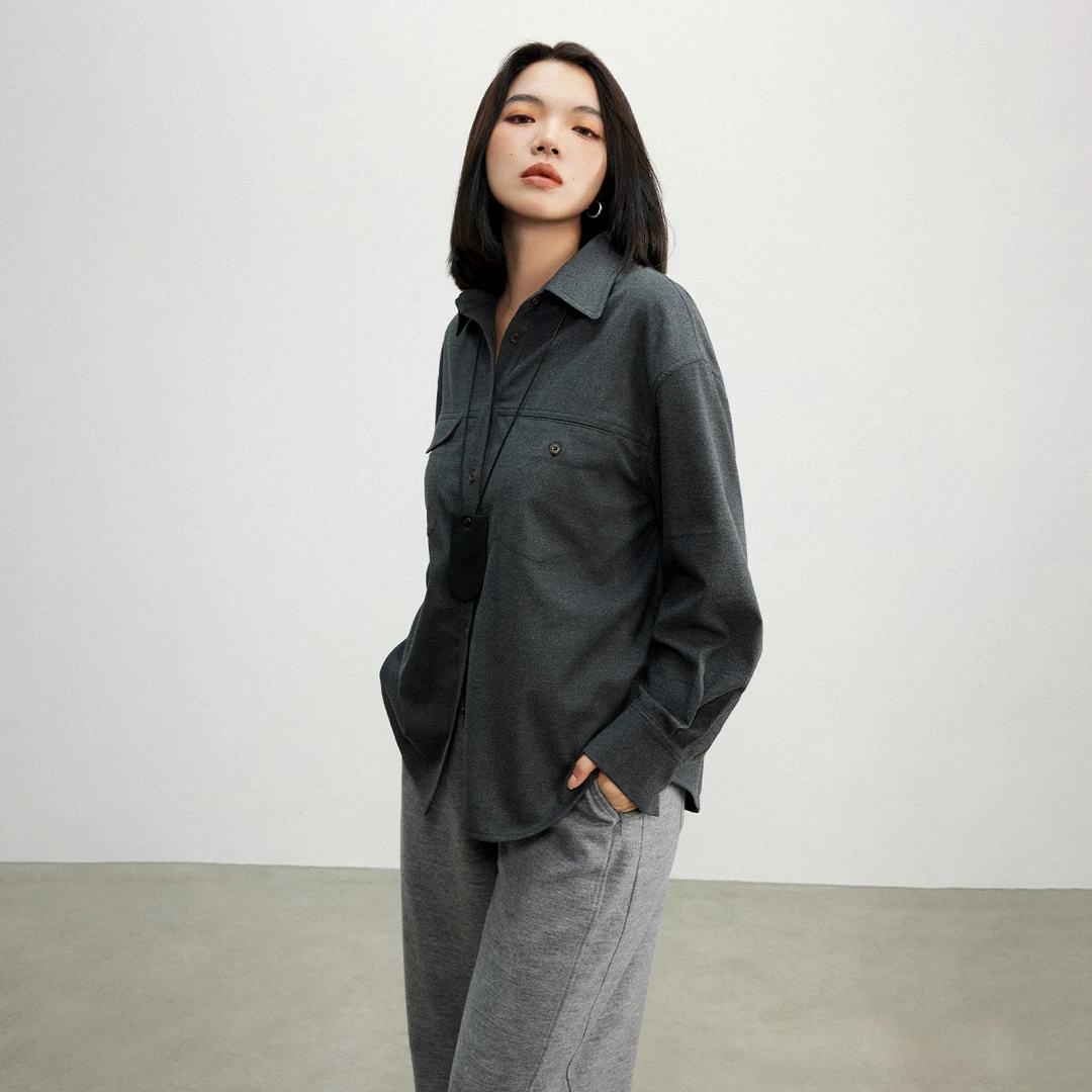 【折扣款】PLUSMALL 摩卡爵士 仿羊绒梭织长袖衬衫上衣PPPP2409088