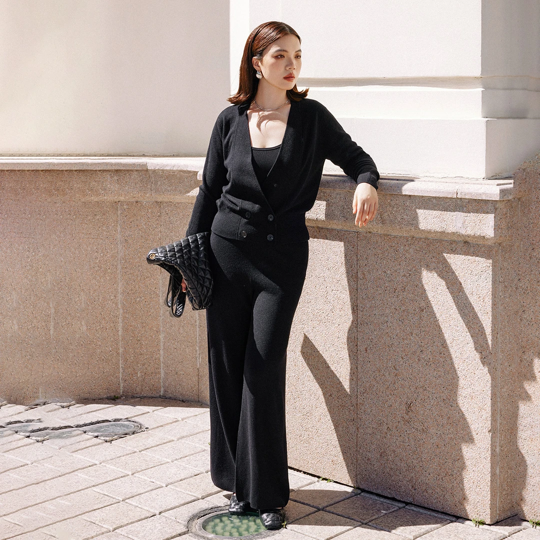 【折扣款】PLUSMALL 轻熟天菜 羊毛混纺针织开衫长裤PPPP2408086AB