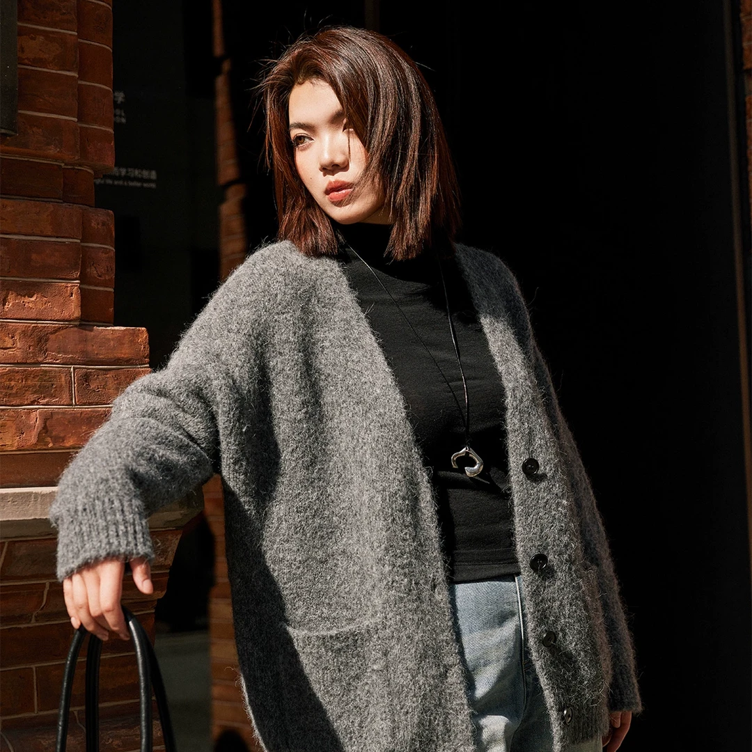 【折扣款】PLUSMALL coco crush 拉毛纱V领中长毛织开衫PPPP2409056