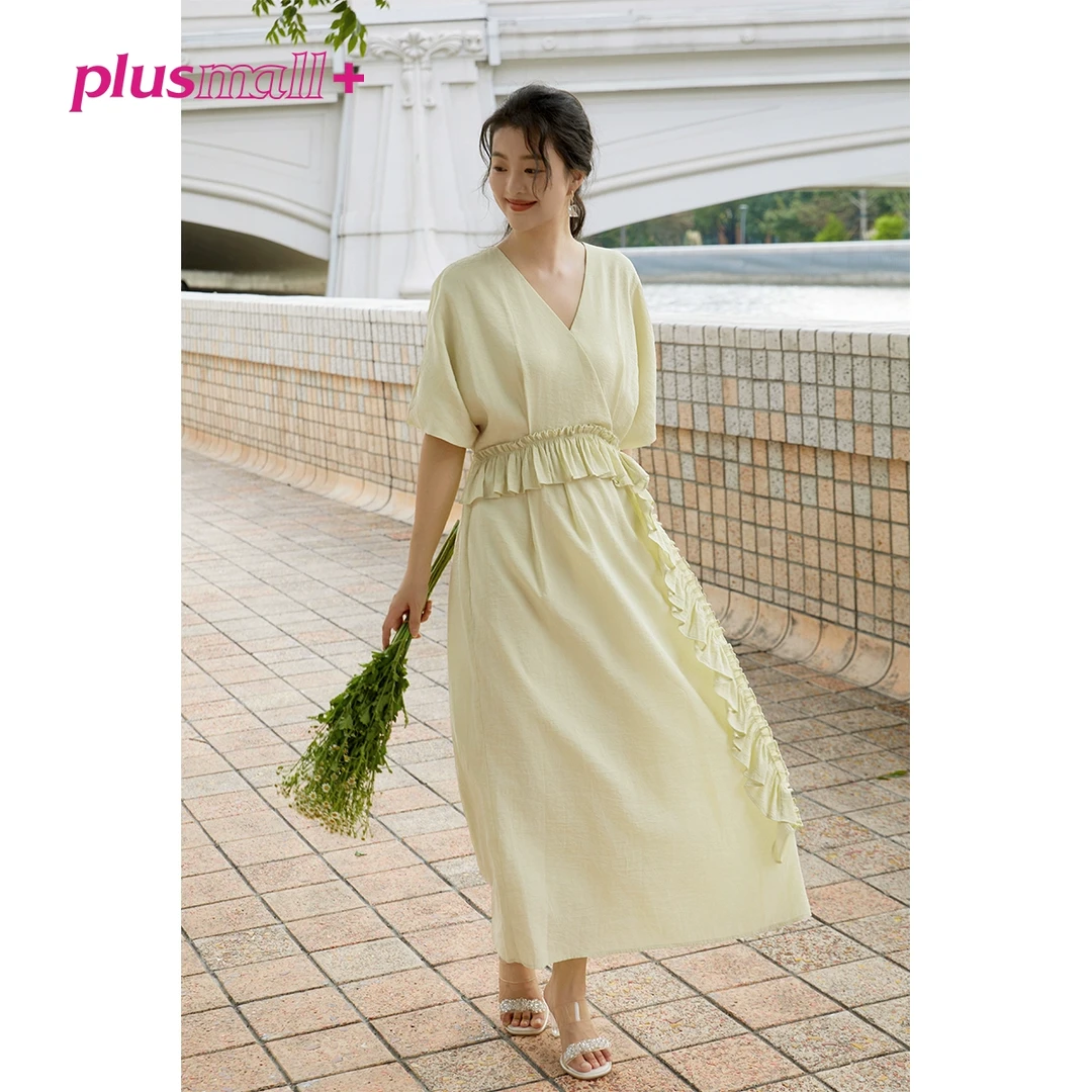 PLUSMALL 半夏森林 仿醋酸保丽龙法式复古V领压褶荷叶边连衣裙