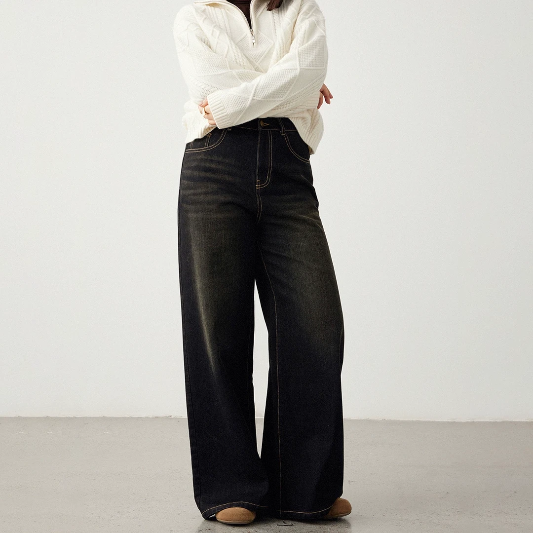 【折扣款】PLUSMALL 萨尔斯牛仔 复古水洗黑阔腿牛仔裤PPPP2411051