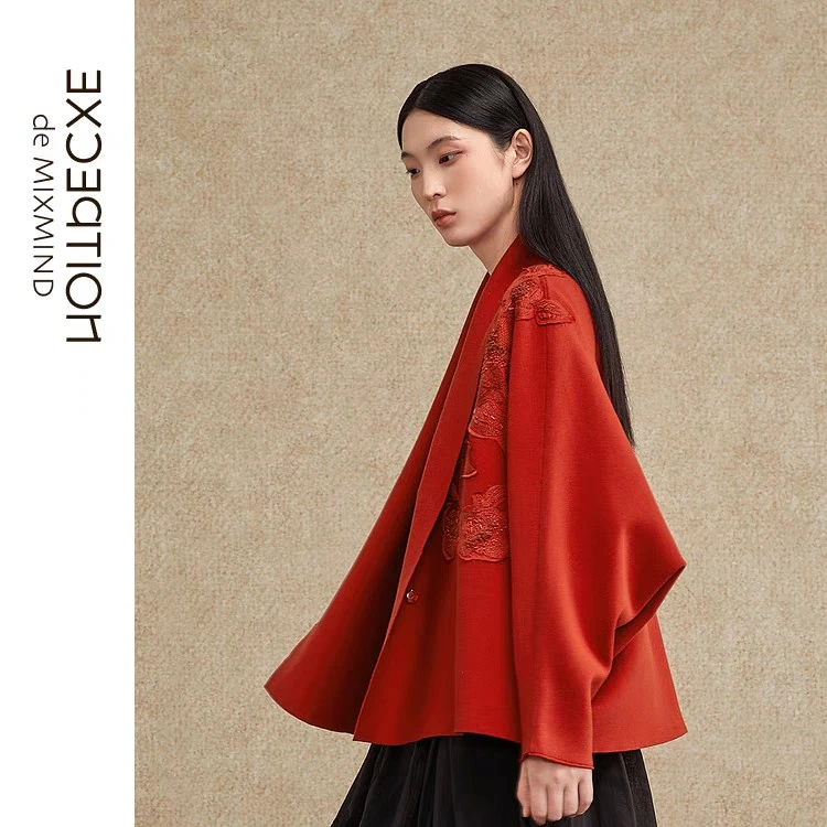 EXCEPTION例外毛针织衫明见棉绣花连身翻领开衫AA24-B2A02