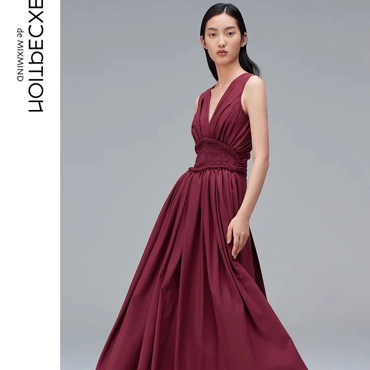 EXCEPTION例外女装春秋款羊毛百褶裙桑蚕丝V领吊带A字连衣裙Y1J21