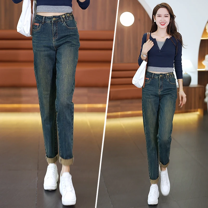 水泥灰哈伦牛仔裤女2025年高腰显瘦小个子萝卜裤老爹裤子春秋