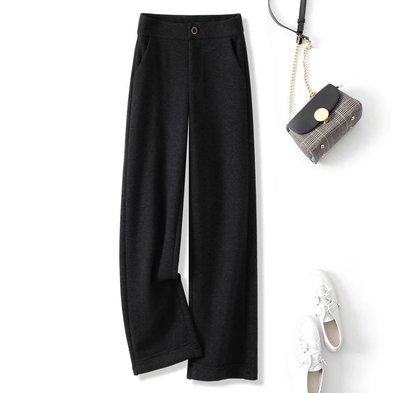 高腰羊毛呢阔腿裤女拖地裤秋冬加厚新款松紧显瘦窄版休闲直筒长裤