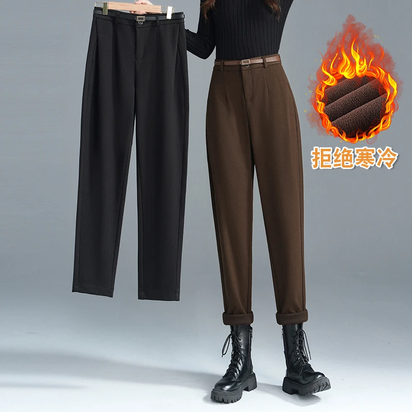 加绒毛呢裤子女秋冬2023新款高腰显瘦黑色休闲奶奶萝卜哈伦老爹裤