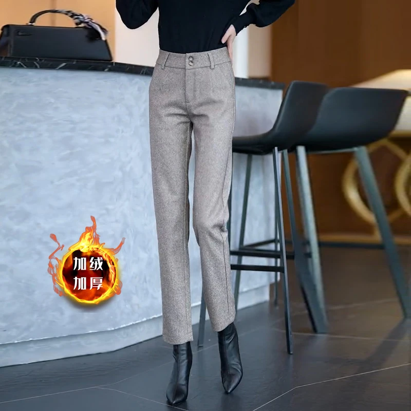 毛呢烟管裤女2023秋冬新款加绒加厚小个子高腰显瘦休闲直筒西装裤