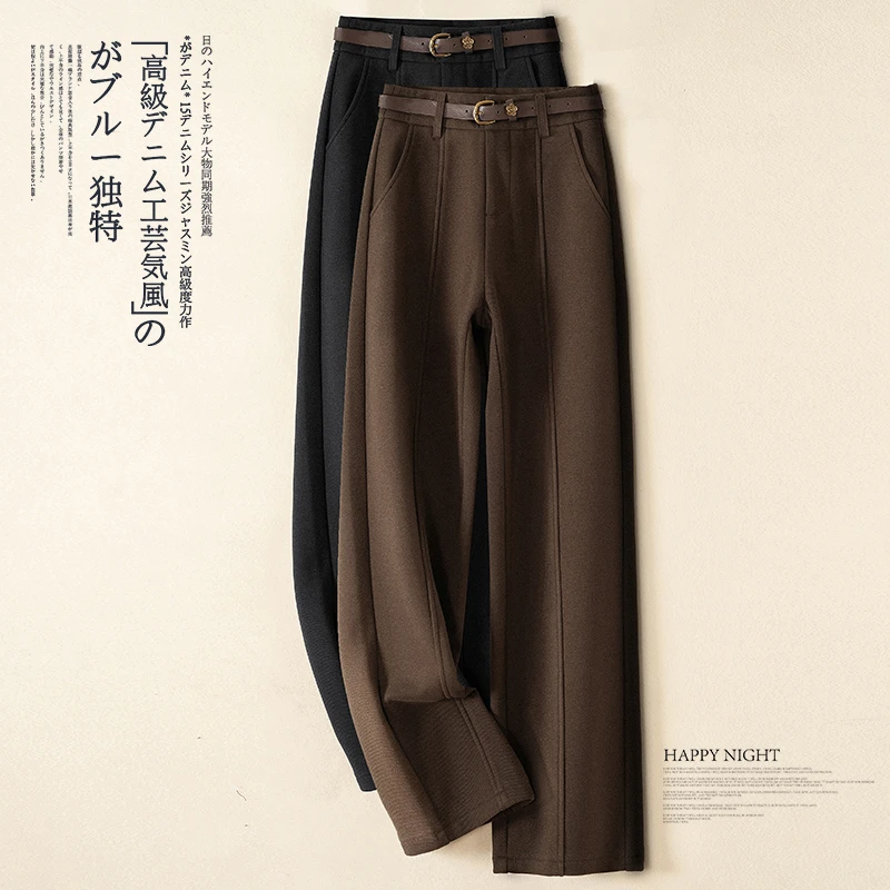 窄版毛呢阔腿裤女秋冬2023新款高腰垂感加厚宽松时尚休闲直筒裤子