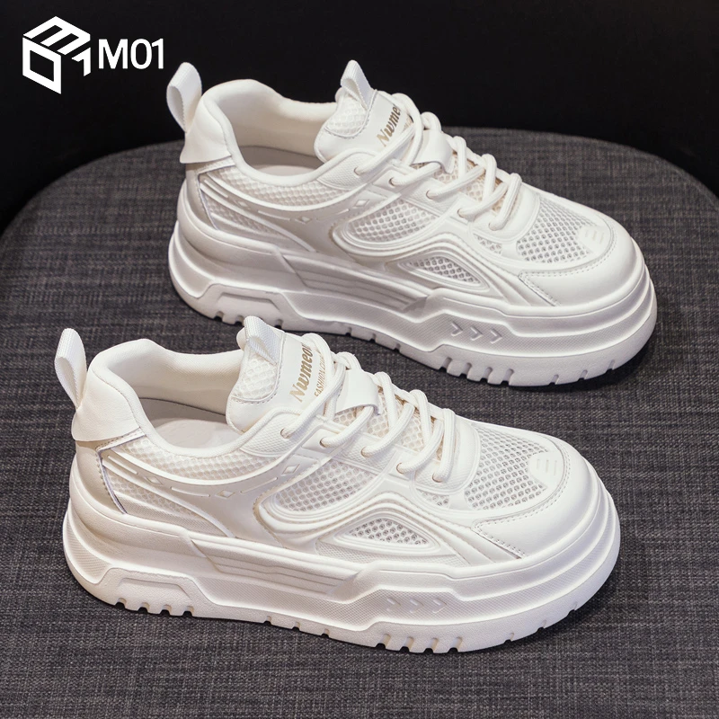 M01透气网面小白鞋女2025夏新款爆款百搭真皮厚底运动休闲老爹鞋