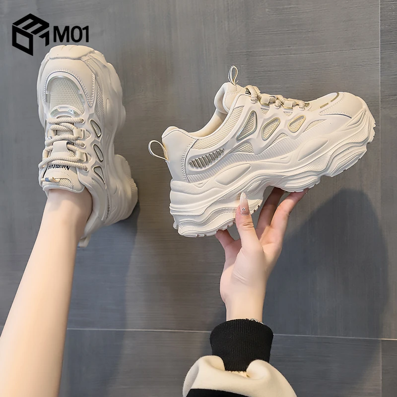 M01真皮老爹鞋子女2025春季新款厚底小白休闲鞋女百搭增高运动鞋