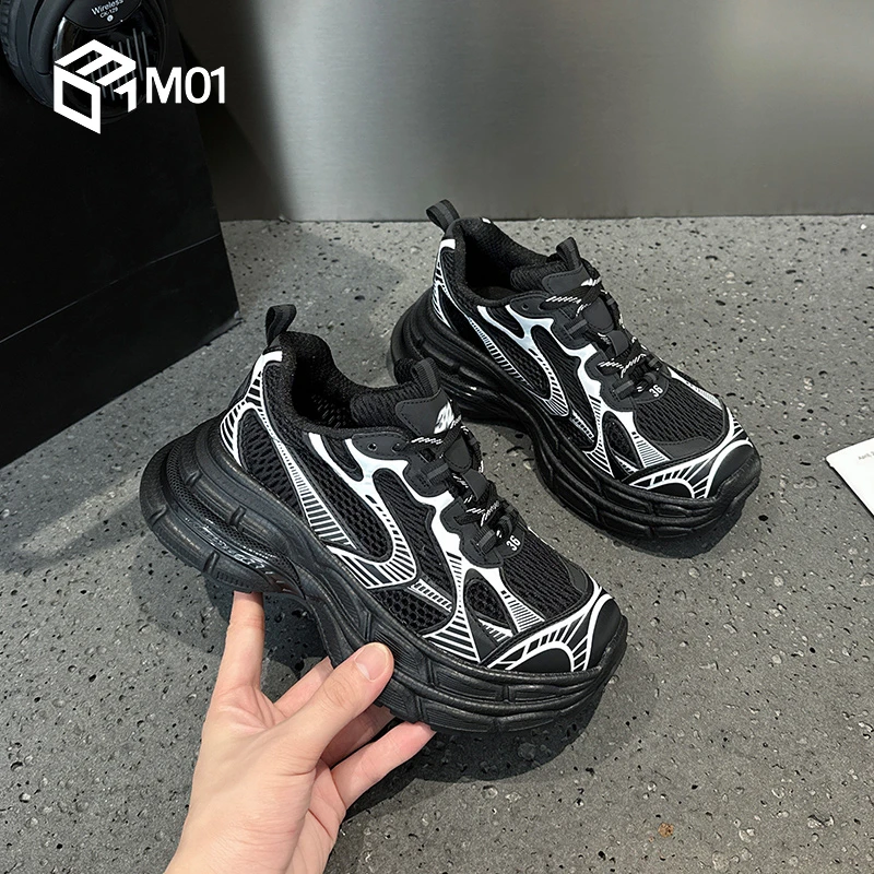 M01黑色老爹鞋女夏季薄款透气网面2025新款透网轻便运动休闲鞋