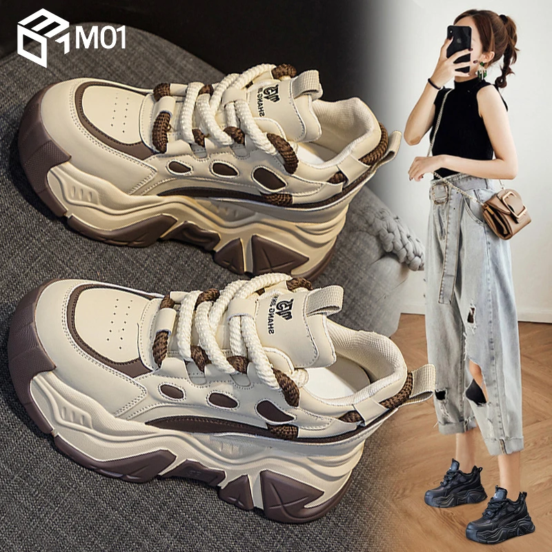M01老爹鞋女2025新款秋冬加绒真皮松糕厚底内增高百搭运动休闲鞋