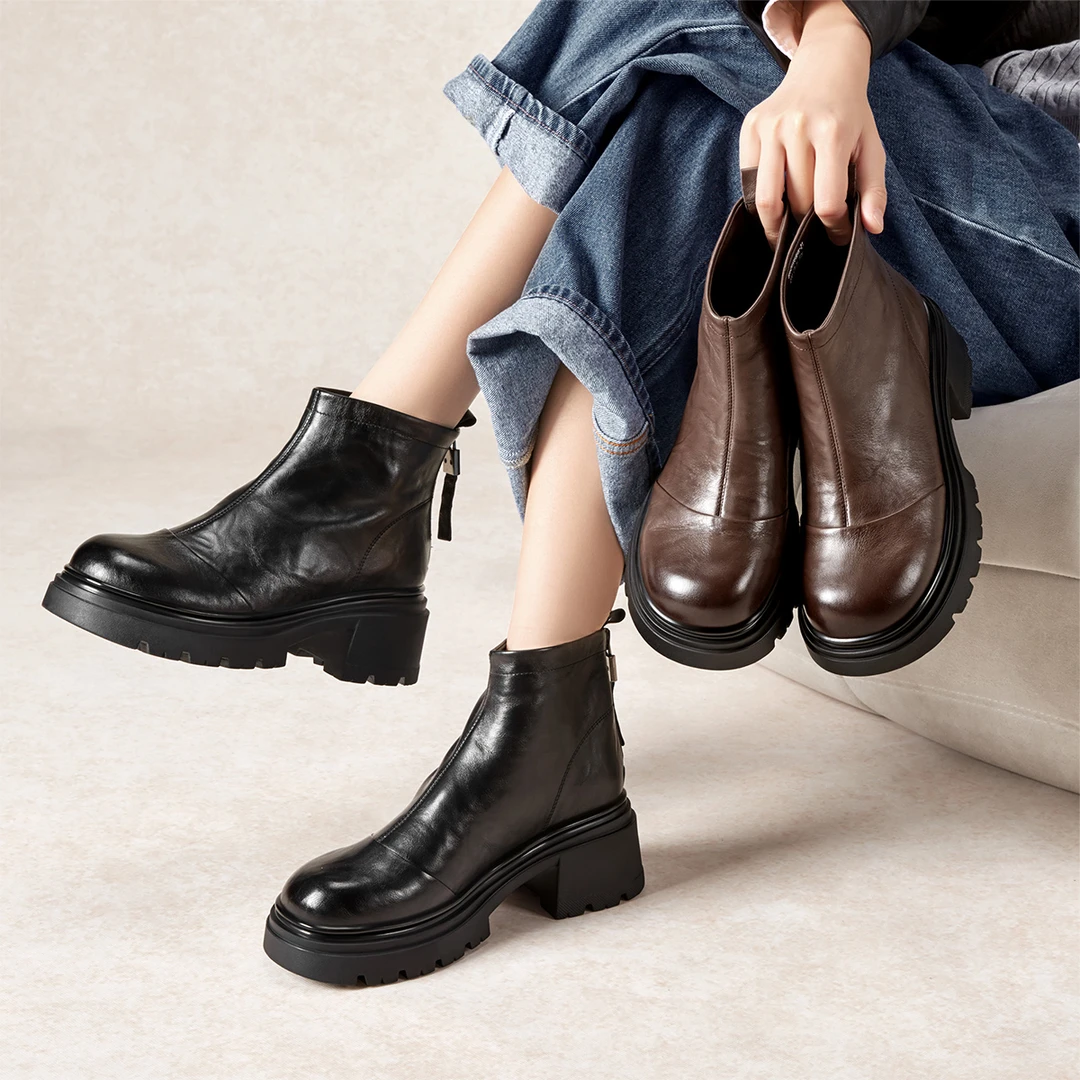 意尔康真皮短靴女厚底增高百搭显瘦瘦瘦靴冬新款马丁靴