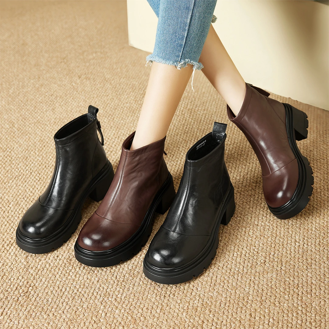 意尔康2024冬季加绒牛皮女士短靴时髦洋气英伦切尔西靴真皮新款