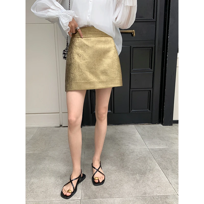 测【鎏金岁月】RARE ME鎏金色高腰裙裤简约时髦A字短裙女