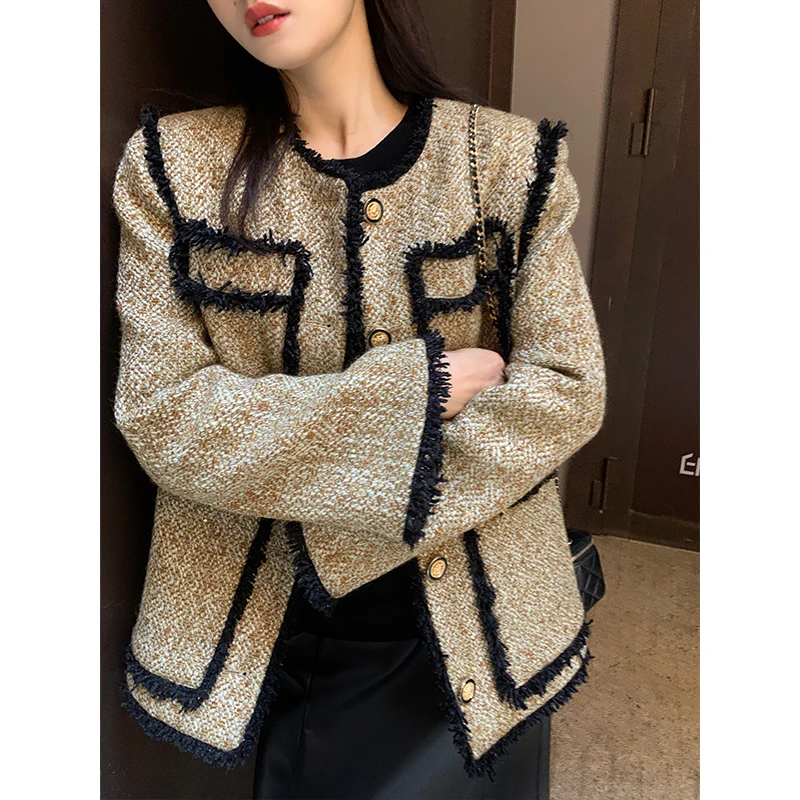 折【半暖焦糖】RARE ME 23秋冬新款高级时髦小香风粗花呢毛边外套女