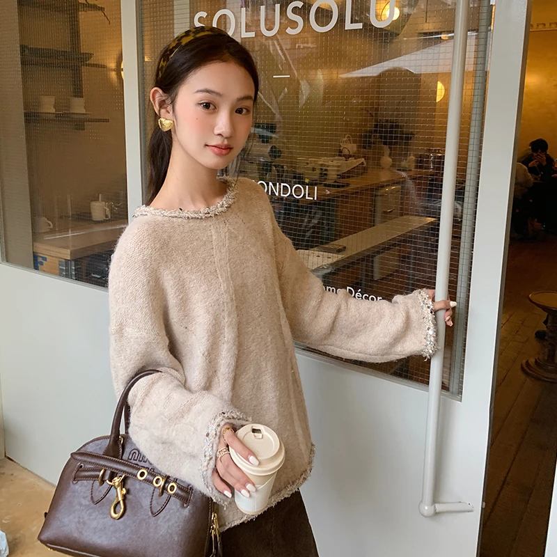 【闪闪惹人爱】RARE ME 纯色亮片优雅编织慵懒宽松圆领毛衣