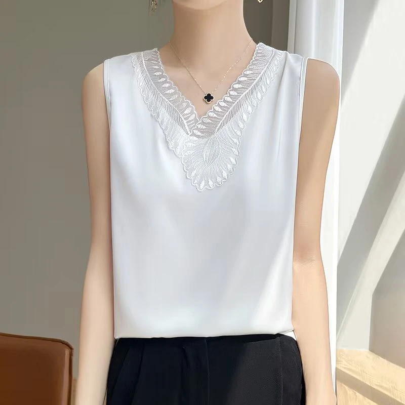 F113夏季吊带背心女外穿无袖t恤女背心打底宽松蕾丝拼接西装内搭