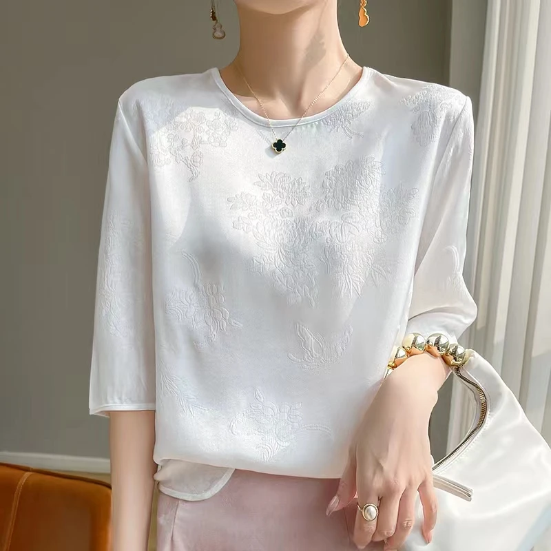 F28国风提花夏季新款气质圆领宽松七分袖高档缎面短袖女外穿薄款