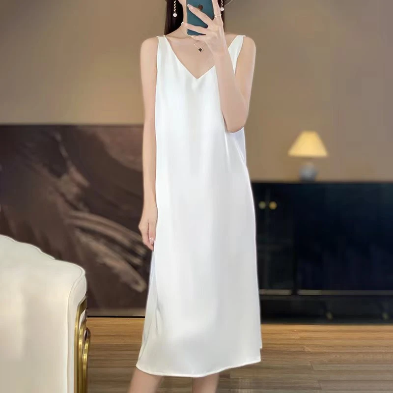 L18新款吊带宽松连衣裙女春夏醋酸缎面百搭中长裙内搭丝绸无袖