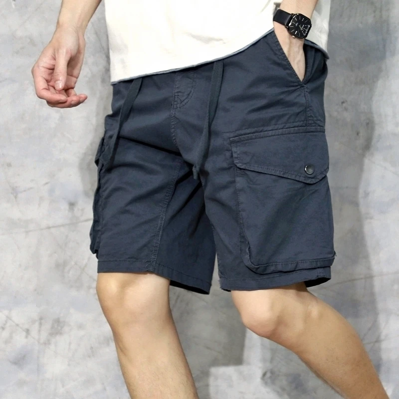 男士夏季纯棉复古弹力工装短裤男宽松五分中裤直筒潮流马裤休闲裤