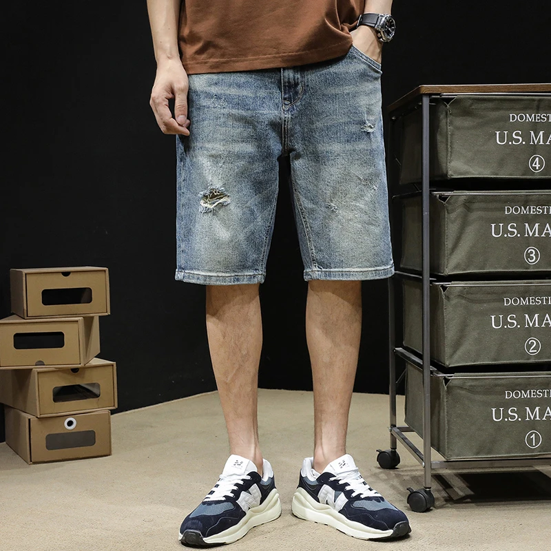 男士夏季新款复古牛仔短裤男潮牌潮流美式休闲五分裤宽松百搭中裤