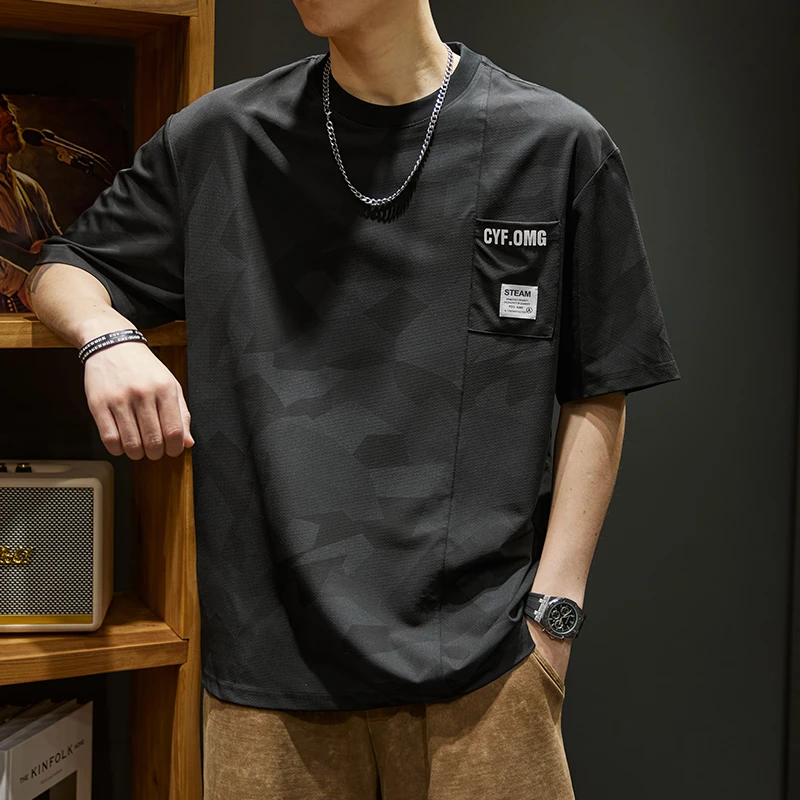 美式冰丝短袖T恤男士大码百搭夏季薄款潮牌迷彩速干休闲圆领上衣