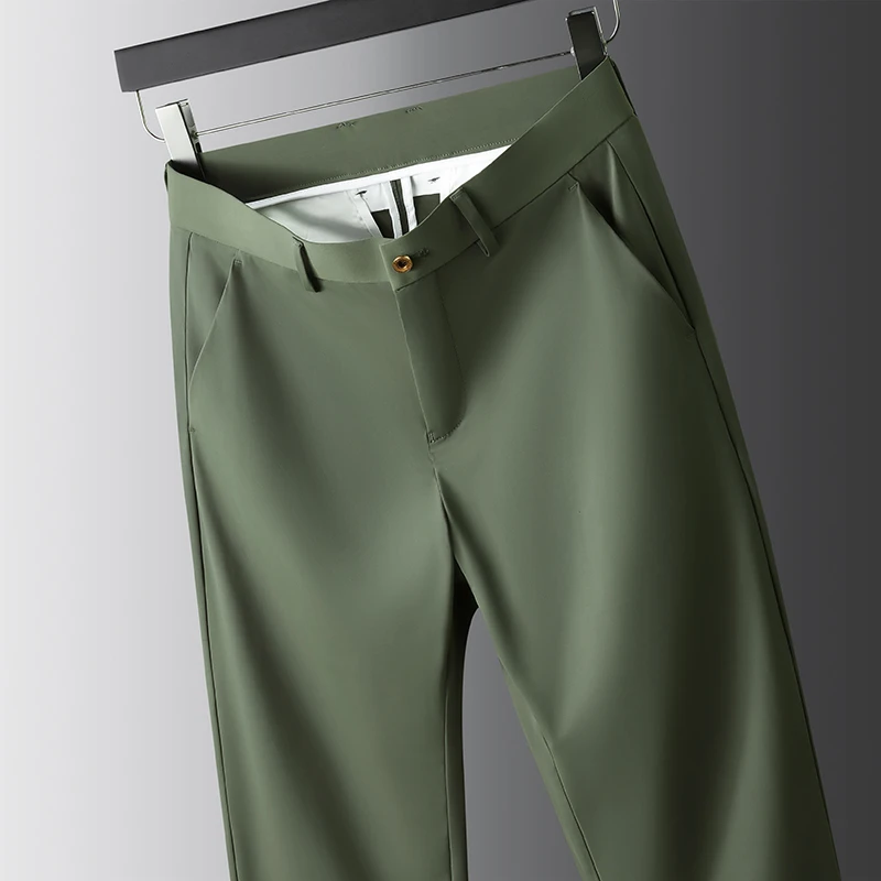 冰丝裤子男士夏季薄款高级感直筒西裤宽松商务中年绿色休闲裤男款