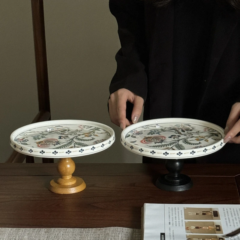 欧式轻奢ins客厅家用陶瓷水果盘复古法式圆形茶几点心高脚托盘子