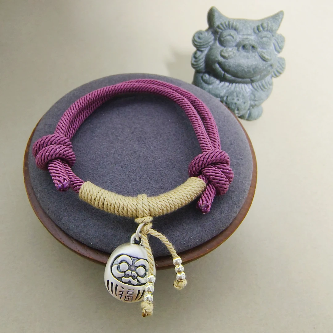 足银手链 【大喜原创】百福达摩 手链复古编绳编织情侣纯手工银制品