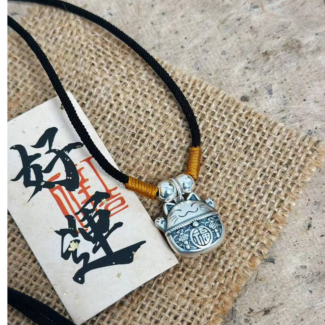 吊坠足银 大喜原创【纳福猫】手工编织项链可调节小众设计款项链