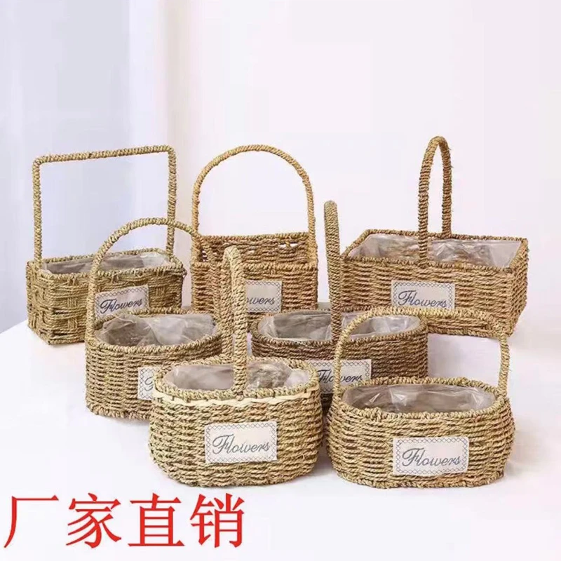 草编手提花篮藤编花筐大号鲜花花束插花提篮篮子多肉花盆